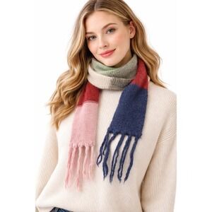 Aeropostale Striped Knit Scarf Mohair Blend Multi Color Fringe Winter Chic 70-37